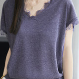 V-neck lace-trimmed knit T-shirt - liwisi