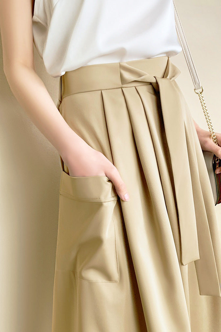 Solid color tie waist wide-leg skirt pants - liwisi