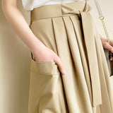 Solid color tie waist wide-leg skirt pants - liwisi