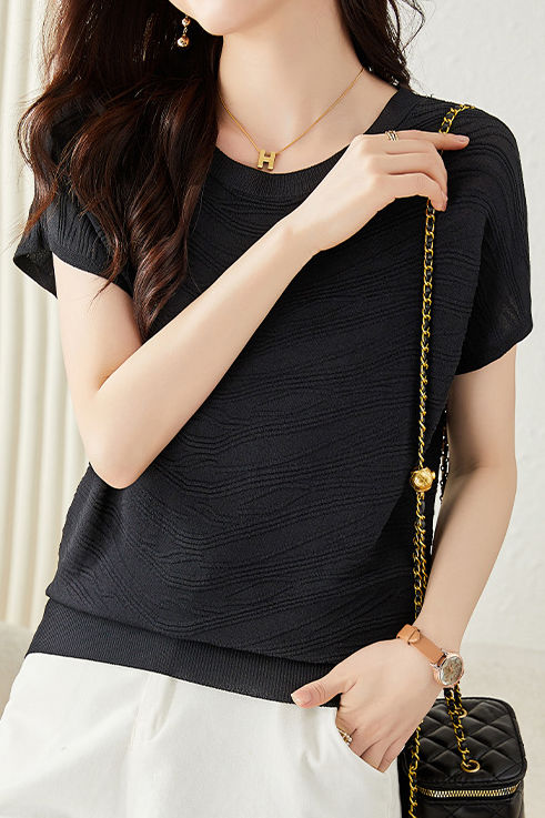 Solid color textured knit T-shirt - liwisi