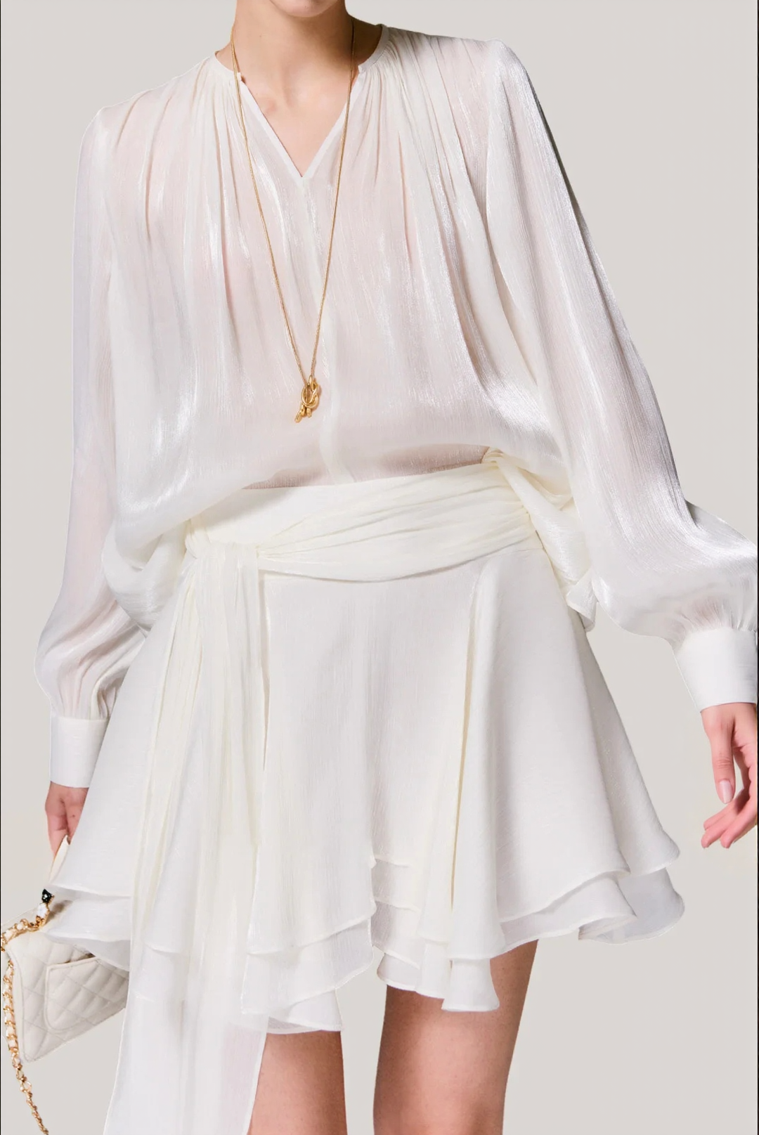 V-neck long sleeve shirt with tie and short skirt two-piece set - liwisi
