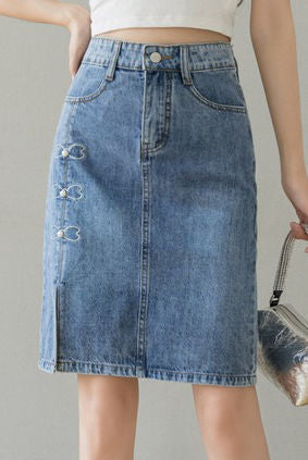 Embroidered beaded high-waisted slit denim skirt - liwisi