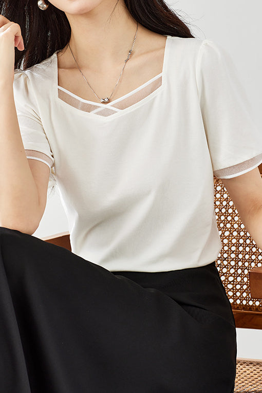 Square Neck Patchwork Puff Sleeve T-Shirt - liwisi