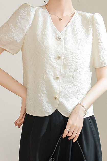 A-line bubble short sleeve button-up shirt - liwisi