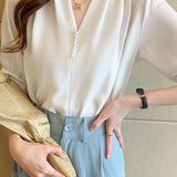 V-neck pearl short sleeve chiffon shirt - liwisi