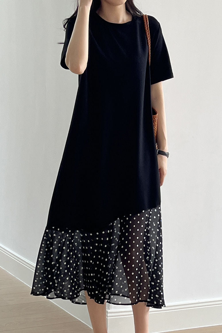 Spliced polka dot solid color dress - liwisi