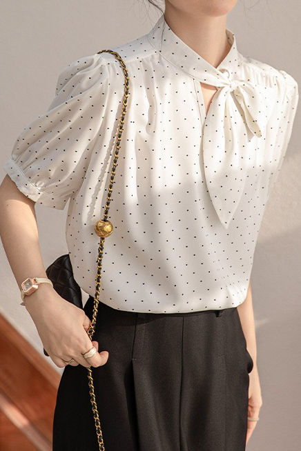 Polka dot bow tie short sleeve shirt - liwisi