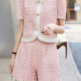 Round neck short sleeve hollow top and shorts two-piece set - liwisi