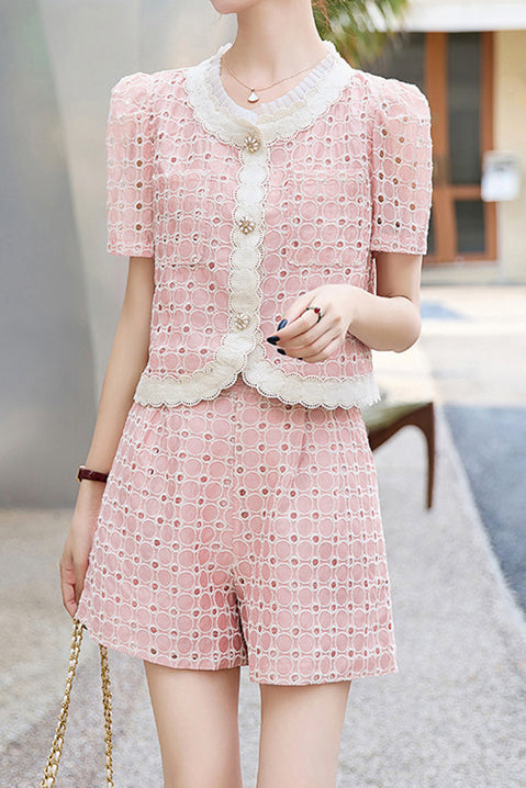 Round neck short sleeve hollow top and shorts two-piece set - liwisi