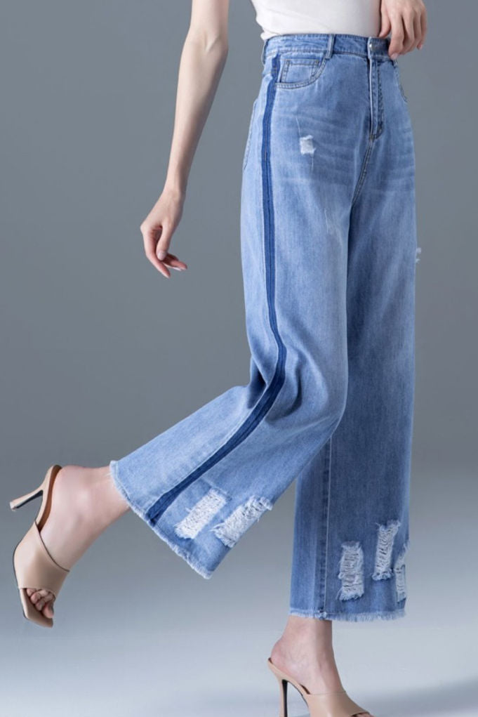 Color block frayed straight leg jeans - liwisi