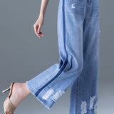 Color block frayed straight leg jeans - liwisi