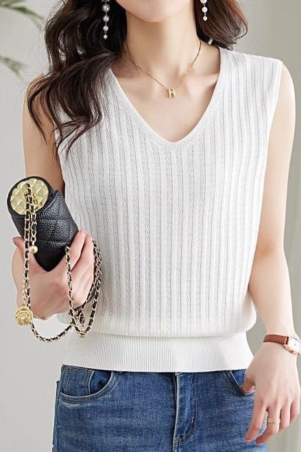 V-neck sleeveless textured knit tank top - liwisi