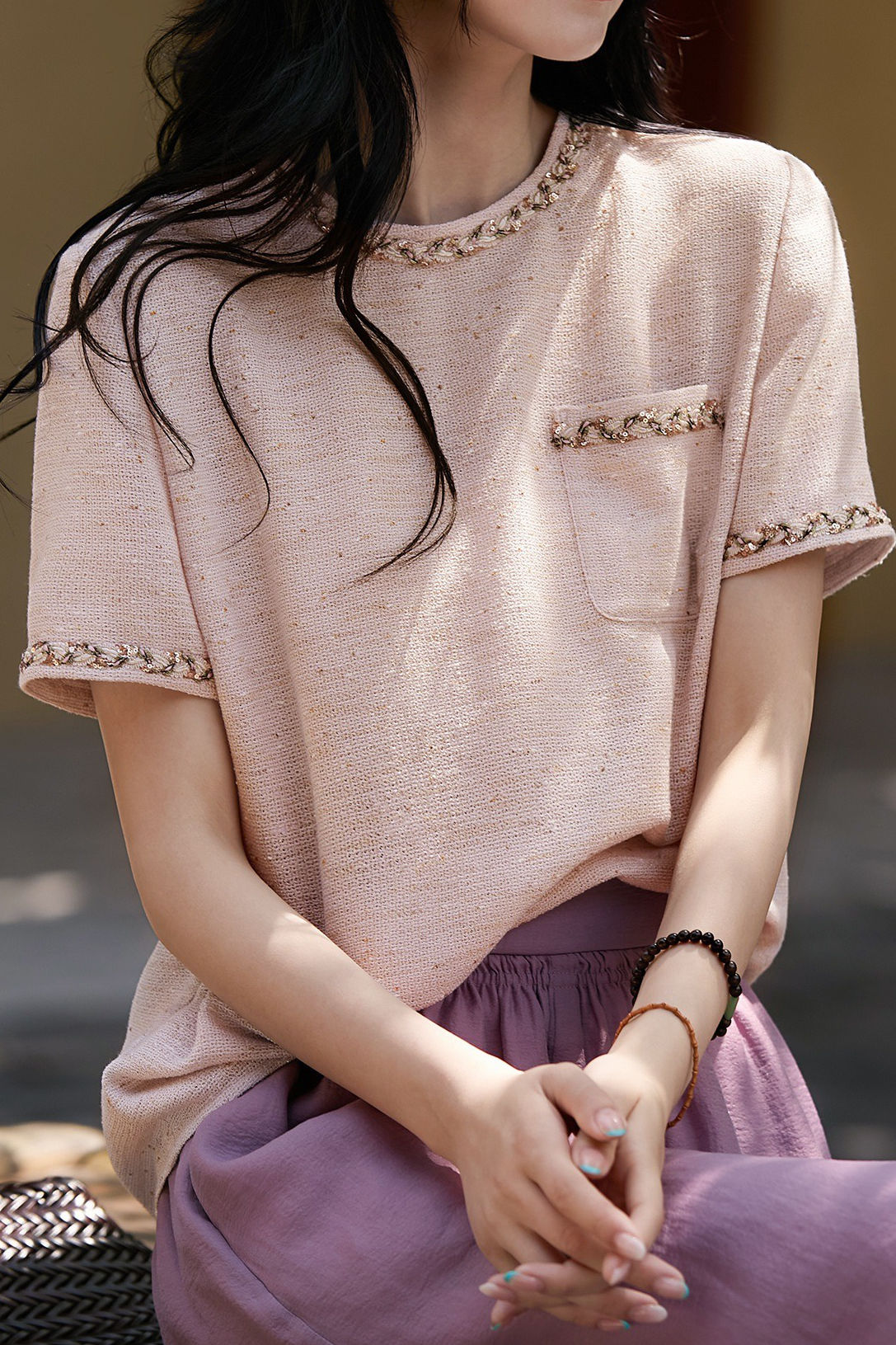 Sequin round neck short sleeve T-shirt - liwisi