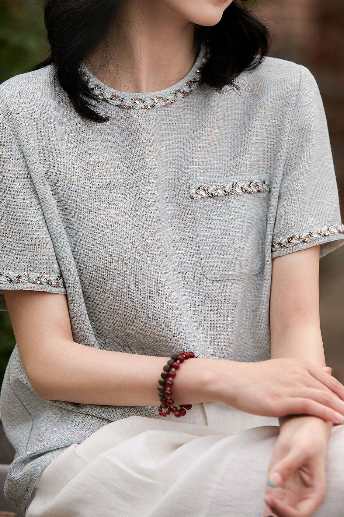 Sequin round neck short sleeve T-shirt - liwisi
