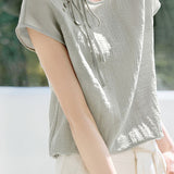 Round neck tie detail raglan sleeve shirt - liwisi