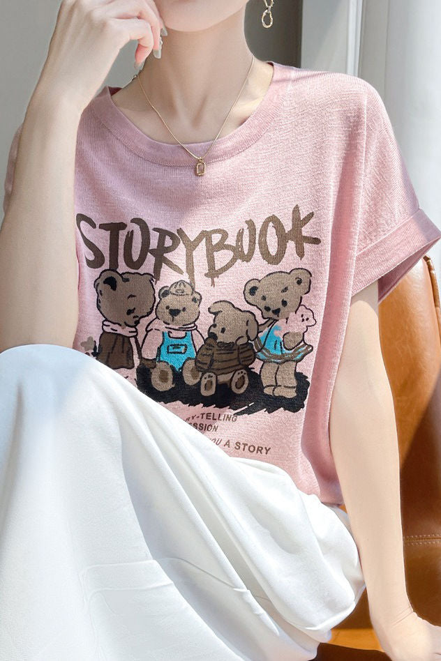 Lettered bear graphic short sleeve T-shirt - liwisi