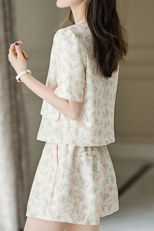 Oil painting print short sleeve shirt with matching shorts set - liwisi