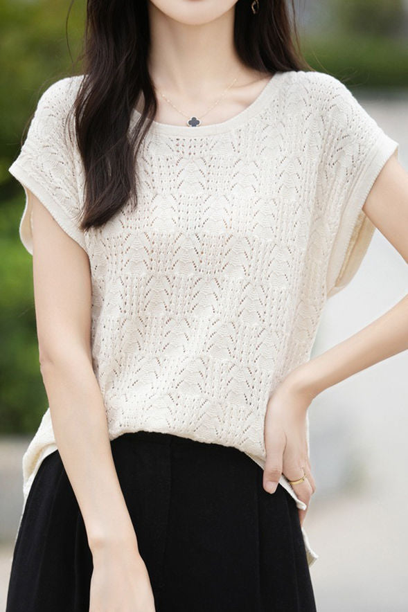 Hollow lace knit T-shirt - liwisi