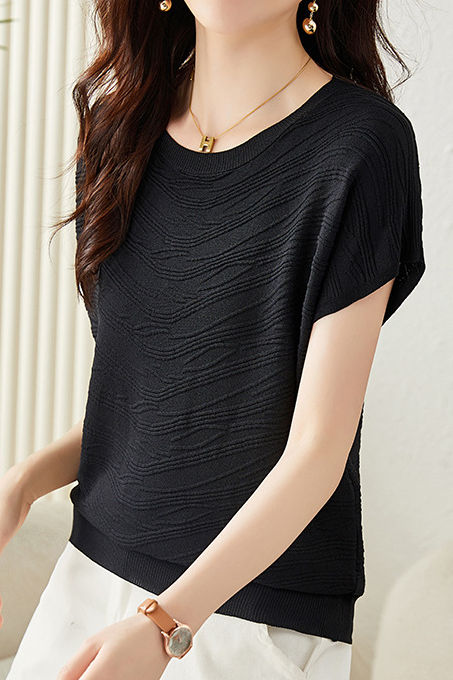 Solid color textured knit T-shirt - liwisi