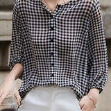 Checkered chiffon round neck button-up long sleeve sun protection shirt - liwisi