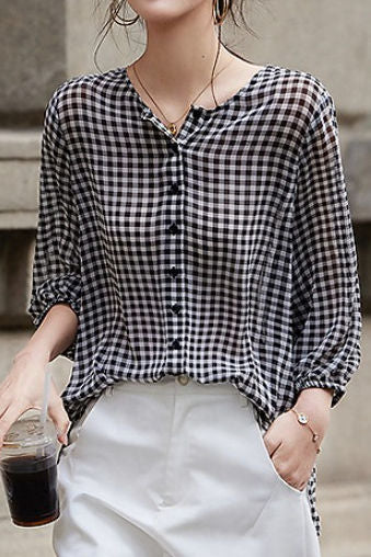 Checkered chiffon round neck button-up long sleeve sun protection shirt - liwisi