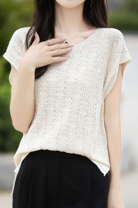 Hollow lace knit T-shirt - liwisi