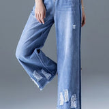 Color block frayed straight leg jeans - liwisi