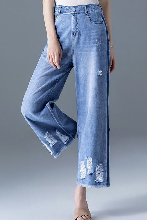Color block frayed straight leg jeans - liwisi