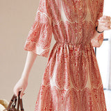 V-Neck Printed Waist-Defined Dress - liwisi