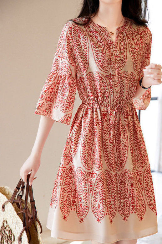 V-Neck Printed Waist-Defined Dress - liwisi