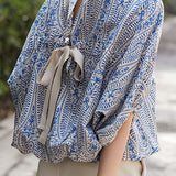 Printed batwing sleeve tie shirt - liwisi