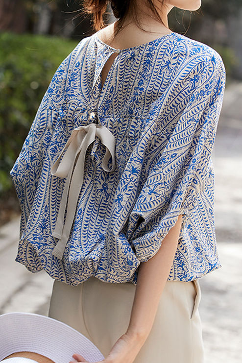 Printed batwing sleeve tie shirt - liwisi