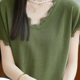 V-neck lace-trimmed knit T-shirt - liwisi