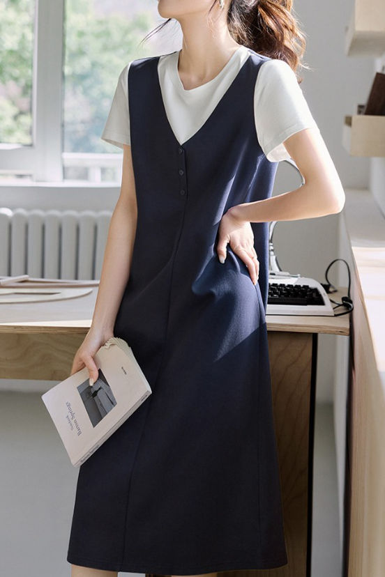 Color block faux two-piece dress - liwisi