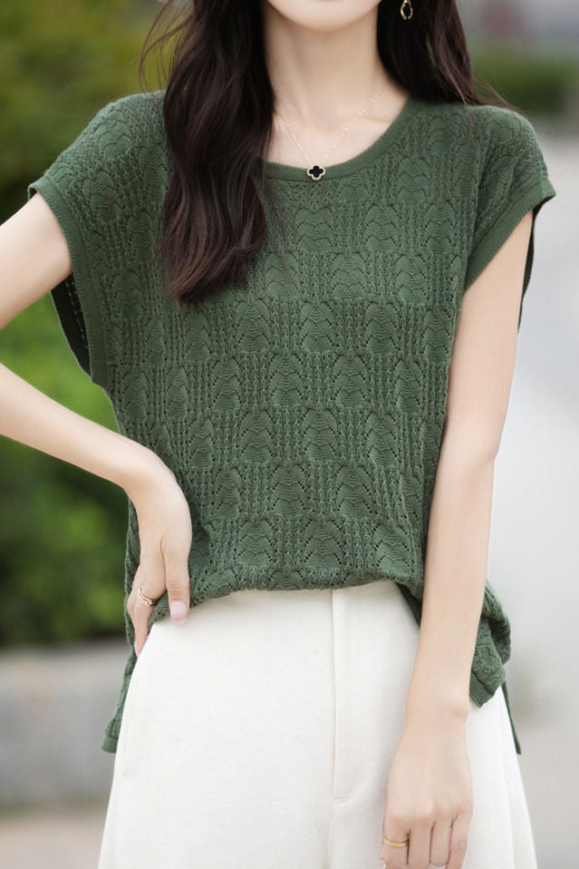Hollow lace knit T-shirt - liwisi