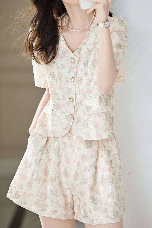 Oil painting print short sleeve shirt with matching shorts set - liwisi