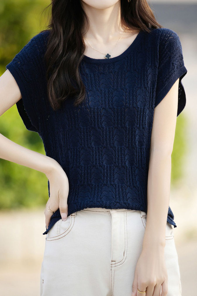 Hollow lace knit T-shirt - liwisi