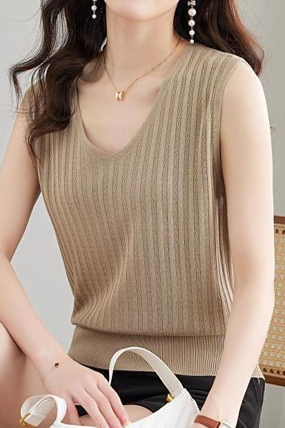 V-neck sleeveless textured knit tank top - liwisi