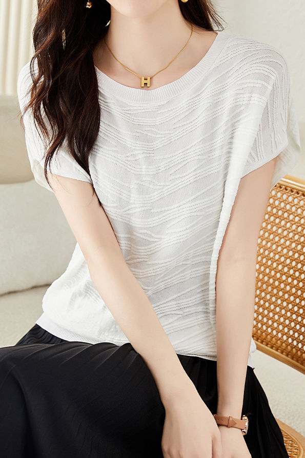Solid color textured knit T-shirt - liwisi
