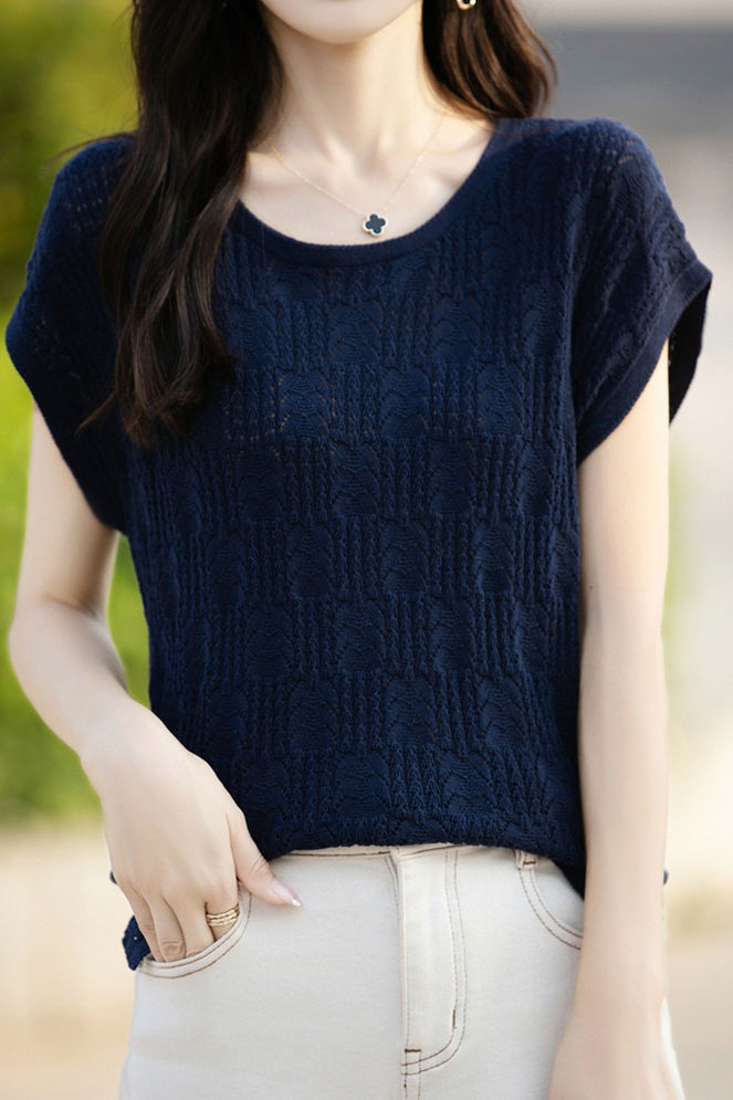 Hollow lace knit T-shirt - liwisi