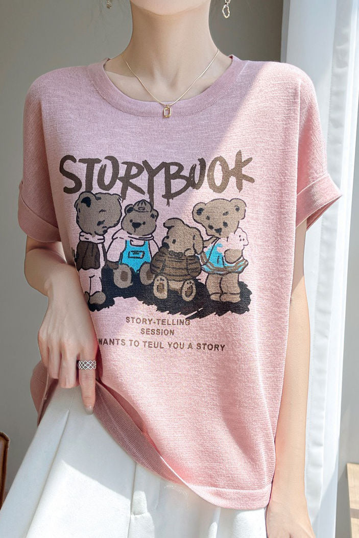 Lettered bear graphic short sleeve T-shirt - liwisi