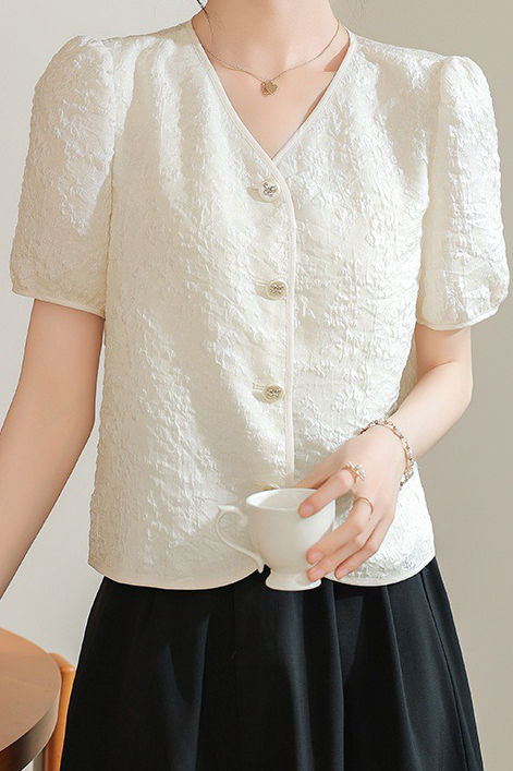 A-line bubble short sleeve button-up shirt - liwisi