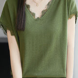 V-neck lace-trimmed knit T-shirt - liwisi