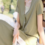 Color block faux two-piece casual T-shirt and A-line skirt set - liwisi