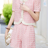 Round neck short sleeve hollow top and shorts two-piece set - liwisi