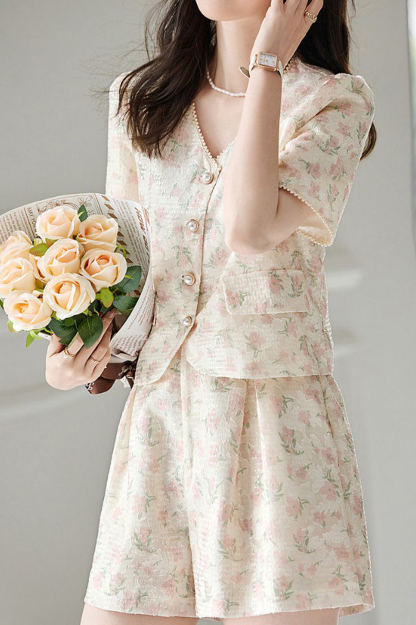 Oil painting print short sleeve shirt with matching shorts set - liwisi