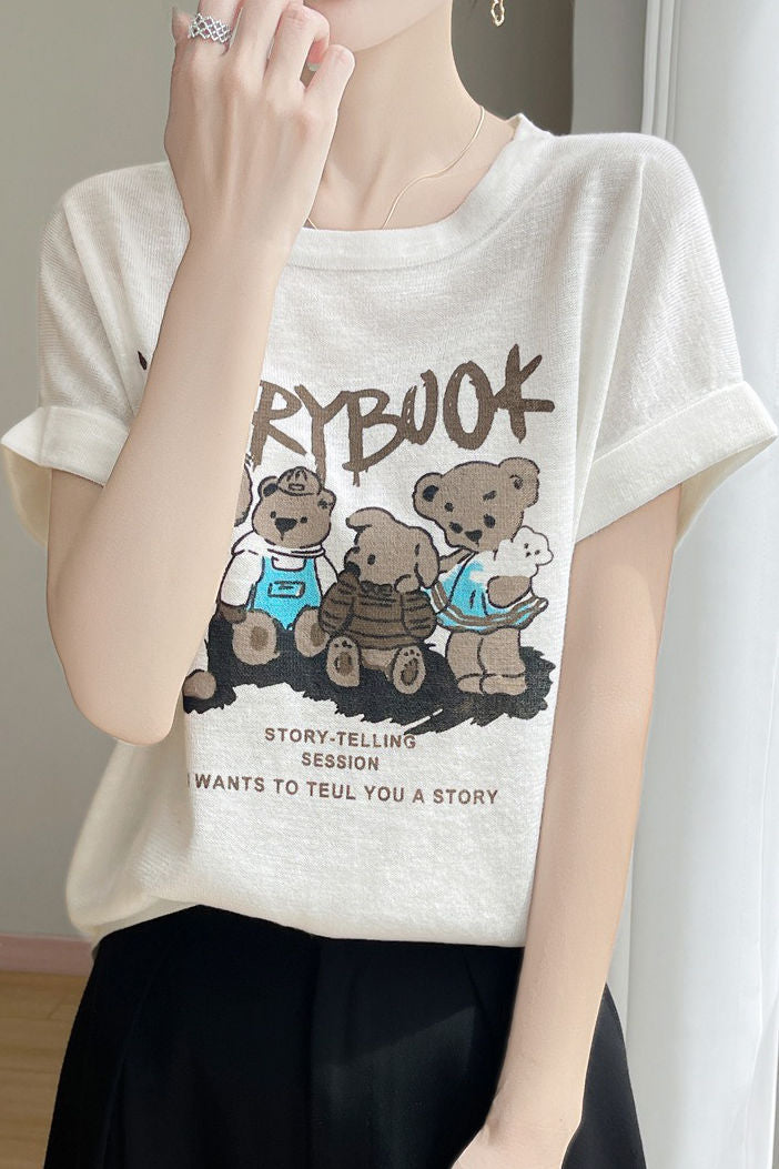 Lettered bear graphic short sleeve T-shirt - liwisi
