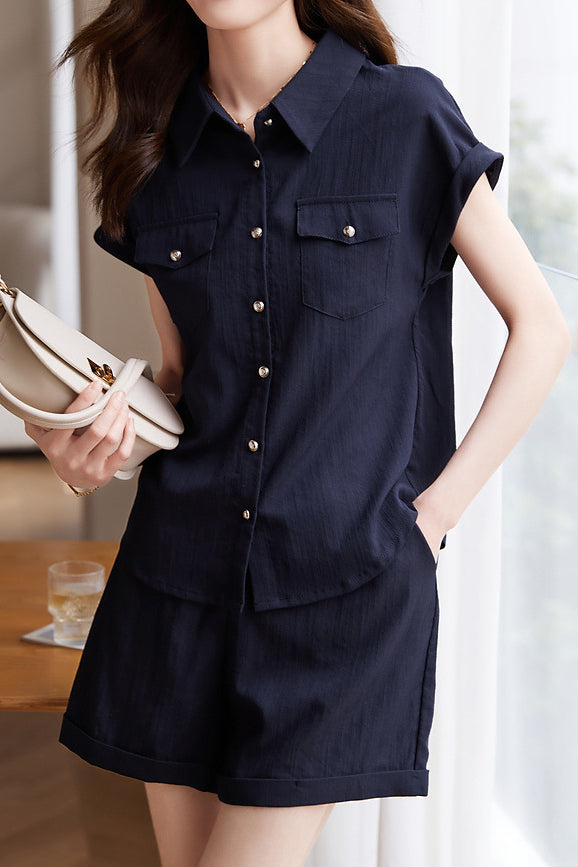 Loose cap sleeve shirt and wide-leg shorts set - liwisi