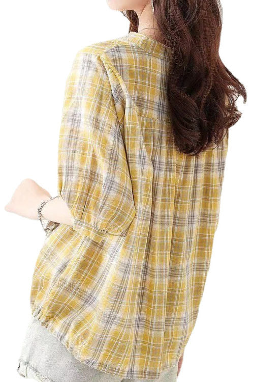 Round stand collar button-up short sleeve loose casual shirt with drawstring hem - liwisi