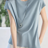 Side tie round neck drop shoulder short sleeve T-shirt - liwisi